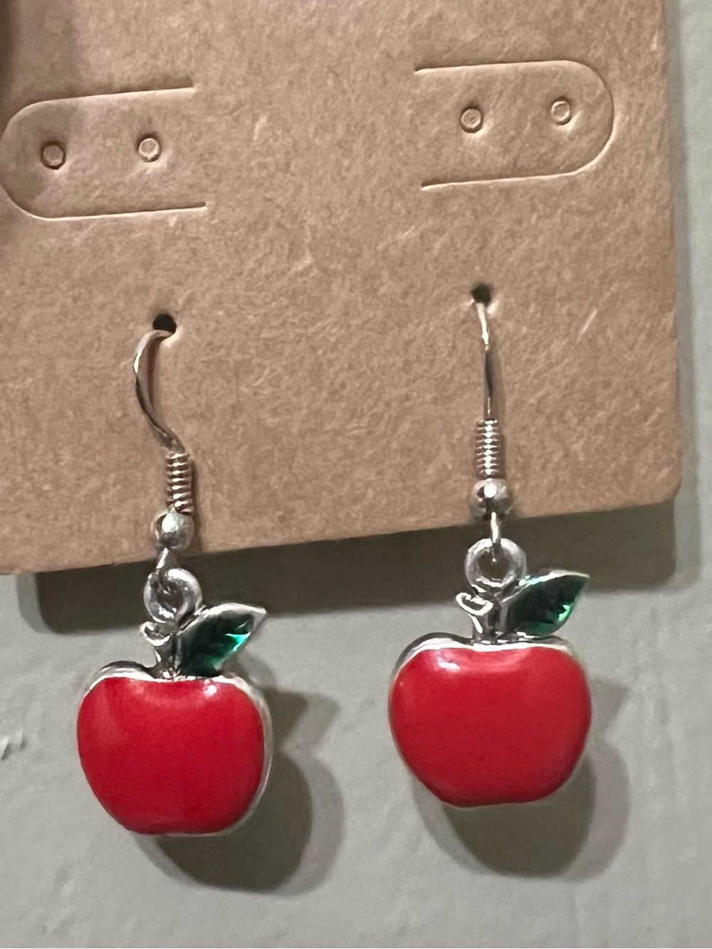 Handmade Red Apple Drop Earrings - Silver Tone